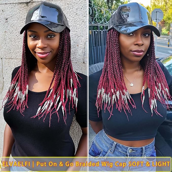 14" Box Braid Hair Extensions Burgundy w/Silver Clasps, PU Baseball Cap Wig for Women Girls Easy Wear