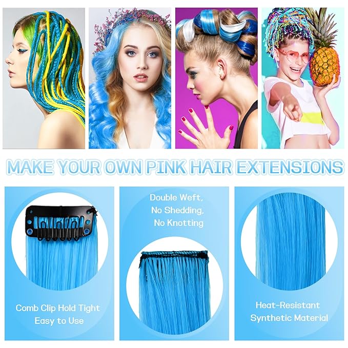 12 PCS Blue Hair Extensions Clip in, 22" Colored Highlights, Synthetic Straight Hair Piece DIY Accessories for Daily Party (LightBlue)