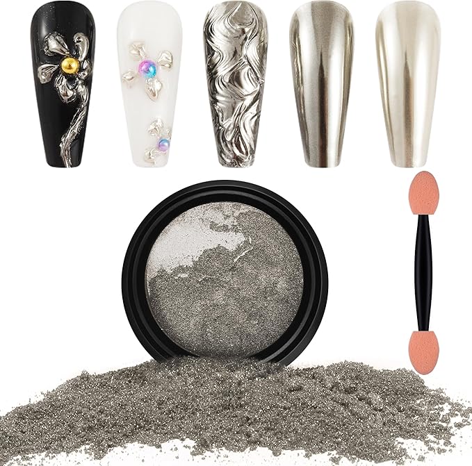 Artdone Chrome Nail Powder, Light Silver Iridescent Aurora Powder Metallic Mirror Effect Pigment Pearlescent Mermaid Pigment Pearl Glitter Dust Kit, Nail Art Decoration, Resin Craft