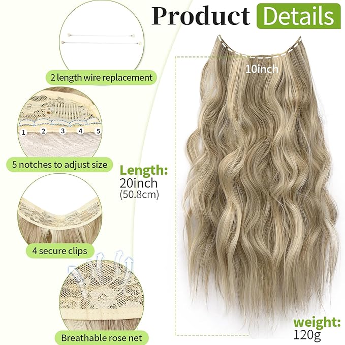 KooKaStyle Invisible Wire Hair Extensions with Transparent Headband Adjustable Size 4 Secure Clips Long Wavy Secret Wire Hairpiece 9H60A#Ash Brown/Platinum Blonde 20 Inch for Women