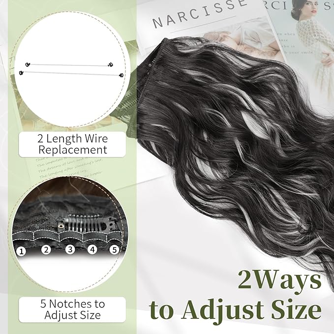 KooKaStyle Invisible Wire Hair Extensions with Transparent Headband Adjustable Size 4 Secure Clips Long Wavy Secret Wire Hairpiece 20 Inch for Women(P22/89A#Black Mix Silver)