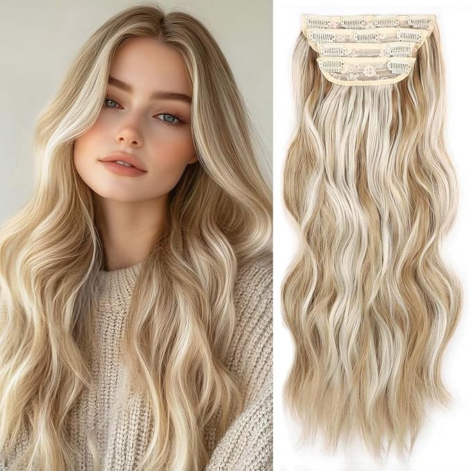4PCS Clip in Hair Extensions 20 Inch Long Wavy Hair Extension Clip Ins Caramel Brown Mixed Honey Blonde Hair Extensions for Women Synthetic Highlights Hairpieces for Women (20INCH, P22/60A)