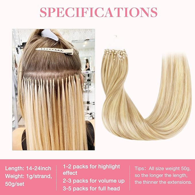 GOO GOO Micro Link Tip Hair Extensions, Real Human Hair, 16inch 50g 50S, Cold Fusion, Invisible Remy, 18D/22F Dirty Blonde Highlights