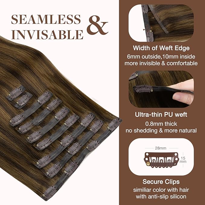 GOO GOO Clip in Hair Extensions Real Human Hair, Remy Human Hair Extensions Clip ins for Women, Natural Human Hair, 14inch 130g 9Pcs, 2C/4E/6C Brown Sugar Swirl Highlights
