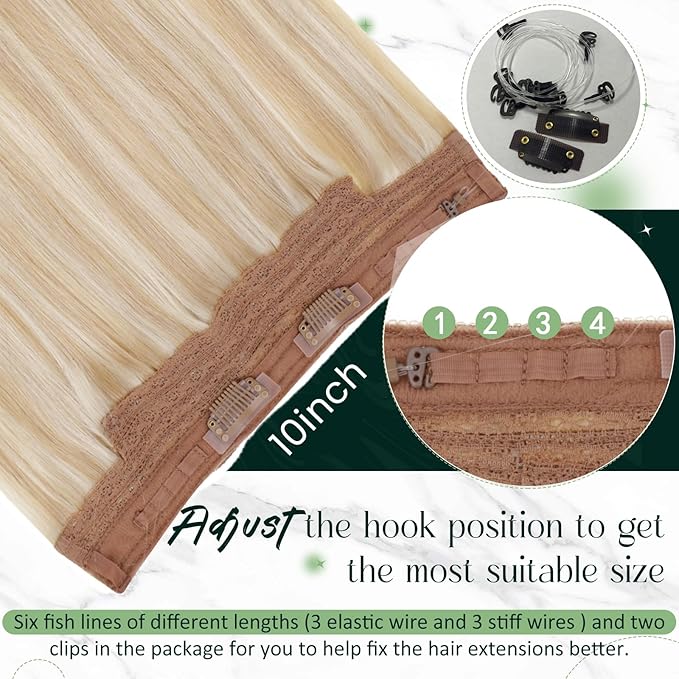 RUNATURE Invisible Wire Hair Extensions, Real Human Hair Extensions Blonde, Fish Line Hair Extension, Easy to Apply, 16 Inch 80g #18P613 Honey Blonde