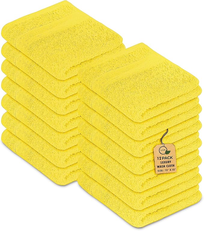 Premium Wash Cloths Pack of 12 (13" x 13") 100% Ring Spun Cotton | Luxury Washcloths | Ultra Soft Face Towels | Highly Absorbent Wash Cloths for face (Yellow)