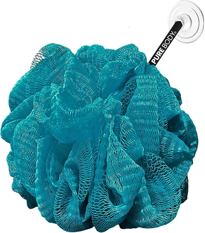 Large Bath Sponge Pack of 3 – Gentle Exfoliation Loofahs with Suction Cup for Easy Drying, Soft 70G Mesh Poufs for All Skin Types, Lather for Daily Use (Tropical Green)