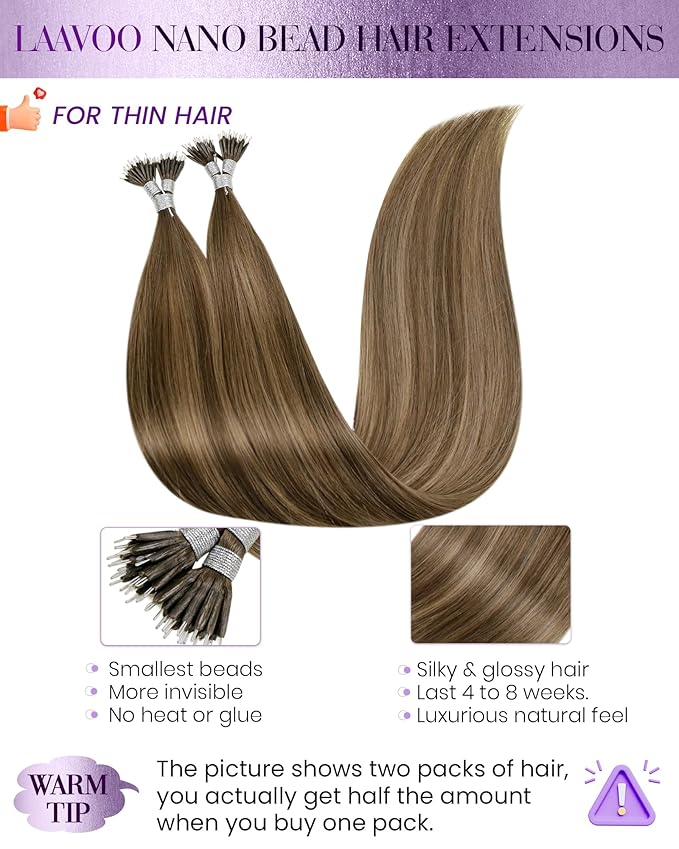 LaaVoo Nano Hair Extensions Human Hair Balayage 20 Inch Nano Bead Hair Extensions Light Brown Fading to Dark Honey Blonde Mixed Brown Nano Extensions Human Hair 50s 50g