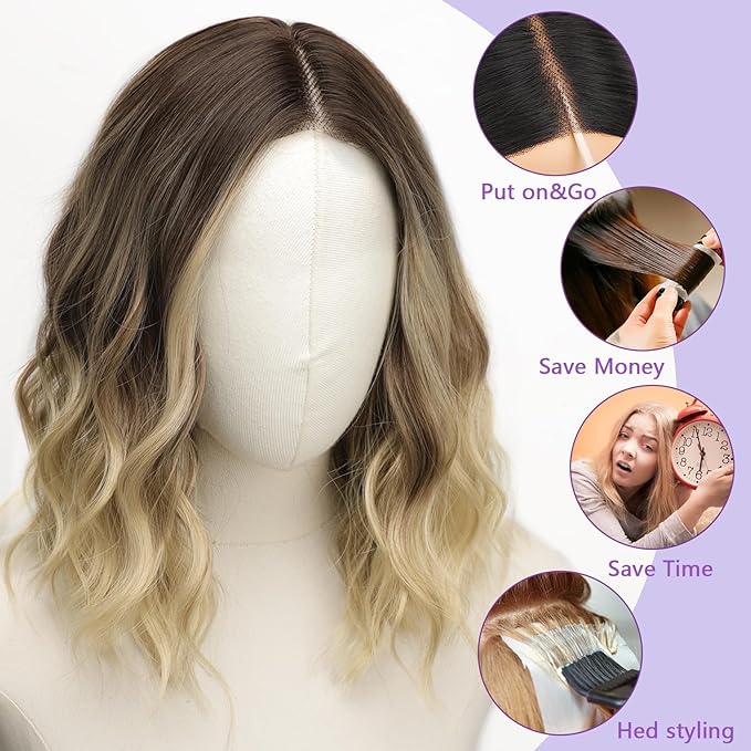 AISI HAIR Brown To Blonde Wavy Wig for Women,14 Inch Shoulder Length Middle Part Wavy Bob Lace Hairline Wigs Synthetic Heat Resistant Fiber Wig for Daily Party Use