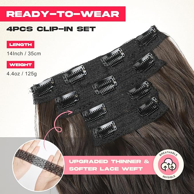Hair Extensions, 14" Short Clip in Hair Extensions 4PCS Beach Wave Blonde Natural Soft Synthetic Hairpiece for Women - Chocolate Brown