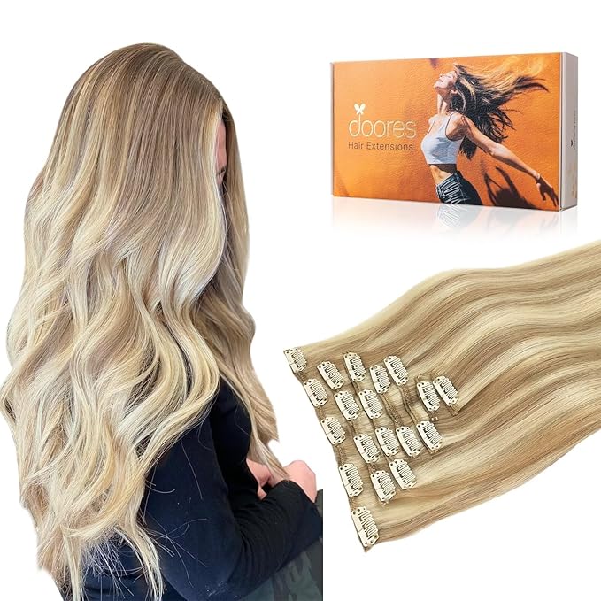 DOORES Hair Extensions Remy, Dark Blonde Highlighted Bleach Blonde 135g 18 Inch 7pcs, Thick Extensions Clip in Human Hair Natural Straight Weft Gift