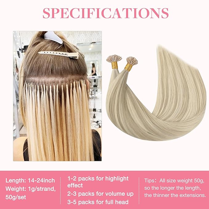 GOO GOO U Tip Human Hair Extensions, 16 Inch 50g 50S, Hot Fusion Invisible Remy, 17A/60A Ash Blonde Highlighted Platinum Blonde