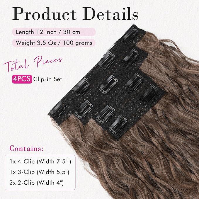 REECHO 4PCS Clip in Hair Extensions - 12" Short Curly Wavy Invisible Lace Weft Natural Soft Hairpieces for Women - Light Brown With Golden Ends