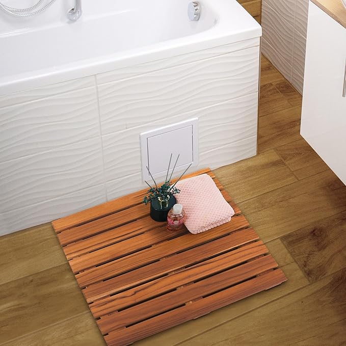 VaeFae Teak Shower Mat, Non-Slip Bath Mat, Luxury Spa Mat, Wooden Mat for Bathtub, 20 x 20 in