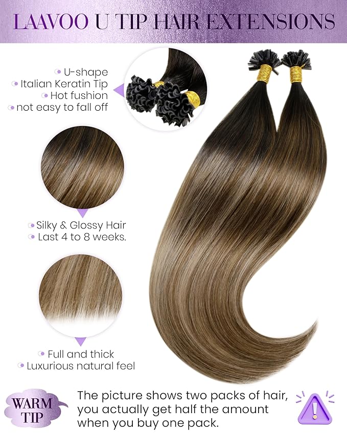 LaaVoo U Tip Hair Extensions Human Hair Ombre Dark Brown to Chestnut Brown with Ash Brown Utip Hair Extensions for Women Keratin Extensions Real Human Hair 18 inch 50g/50s