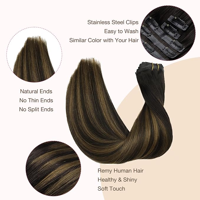 GOO GOO Clip in Hair Extensions Real Human Hair, Remy Human Hair Extensions Clip ins for Women, Natural Human Hair, 24inch 120g 7Pcs, 2/6/2 Balayage Dark Brown to Chestnut Brown