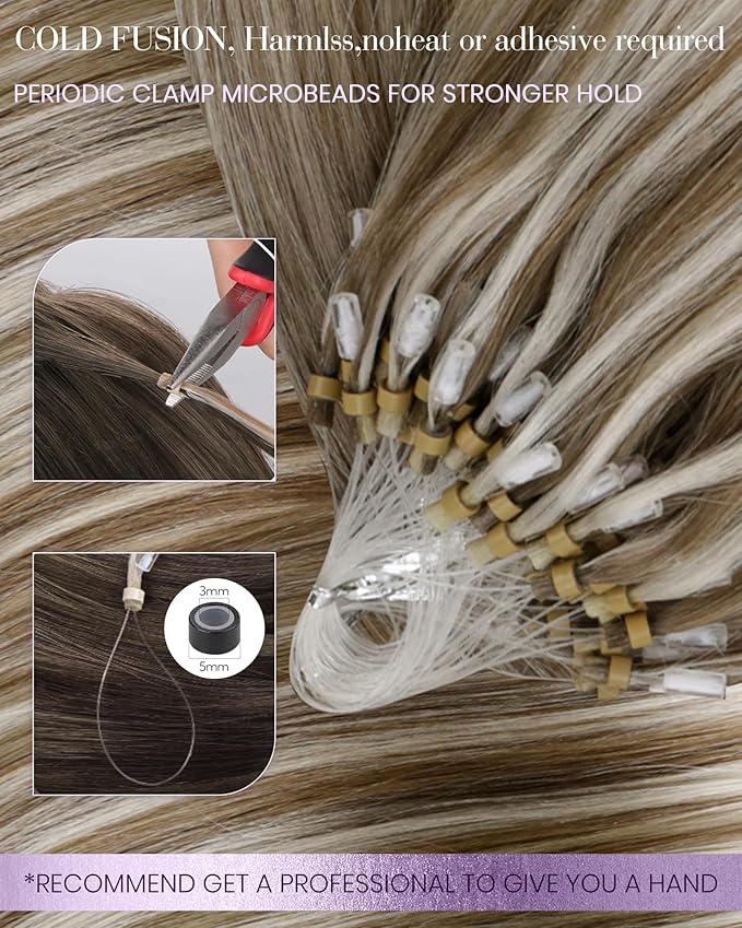 LaaVoo Micro Loop Hair Extensions Real Human Hair Ash Brown Highlight Platinum Blonde Micro Ring Hair Extensions Cold Fusion 50g/50s 16inch