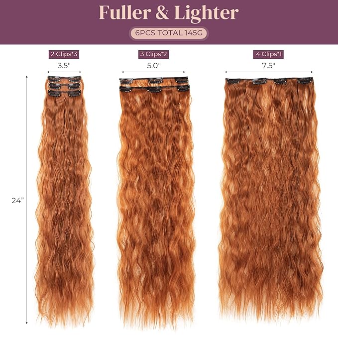 LONAI Clip In Hair Extensions, 6PCS Curly 24" Long Synthetic Clip On Hairpiece For Women-Copper Red