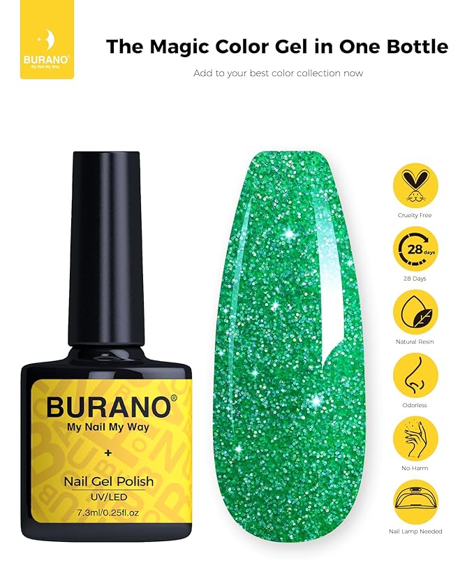 BURANO Glitter Gel Nail Polish with LED UV Curing; No Chip Shimmer Holographic Effect; Sparkle Gel for Green LP66