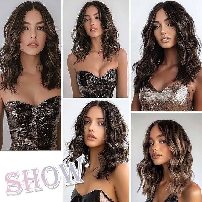 Dark Brown Wig with Highlight Medium Length Wigs for Women Middle Part Synthetic Hair Wigs Mixed Wavy Highlights Natural Hair for Daily Party Halloween Colourful Wig Highlighted（16 inch）