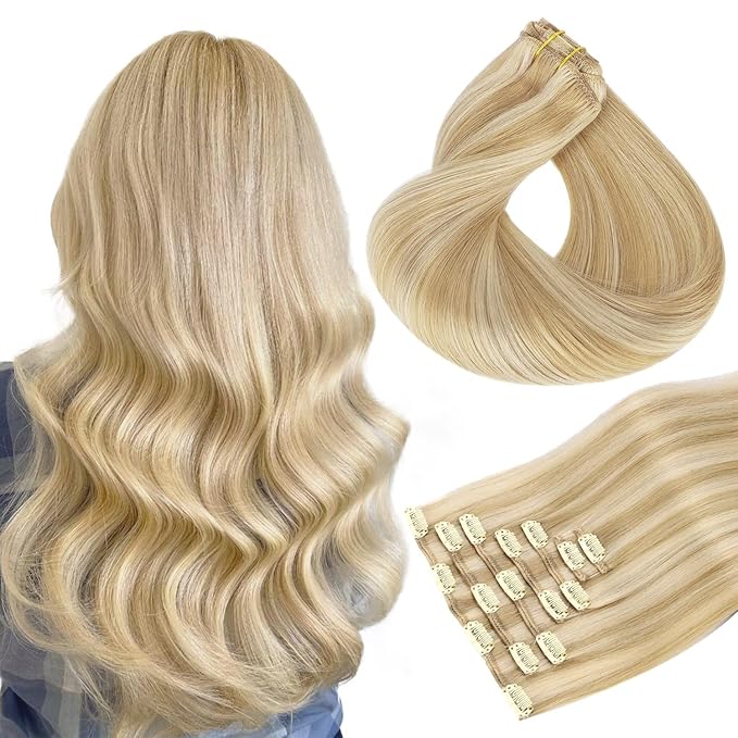 HOTBANANA Human Hair Clip in Hair Extensions, Dirty Blonde Mixed Bleach Blonde Hair Extensions 120g Real Human Hair Straight Remy Hair Clip Ins 18 Inch 7pcs