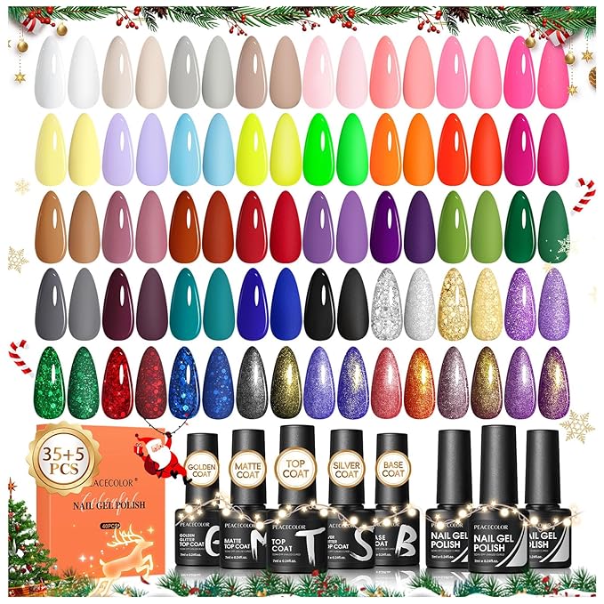PEACECOLOR 40PCs Gel Nail Polish Set 35 Neon Colors Red Green Pink Yellow Gel Polish with 5Pcs Glossy/Matte/Glitter Top Base Coat Long Lasting Nail Gel Kit Gifts for Women DIY Home Salon