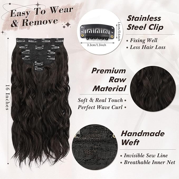 BARSDAR Beach Wavy Dark Brown Clip in Hair Extensions – 16 Inch 6PCS Thick Soft Synthetic Hairpieces, Full Head Clip in Hair Extensions for Women – Voluminous Easy Wear Daily Party - Dark Brown