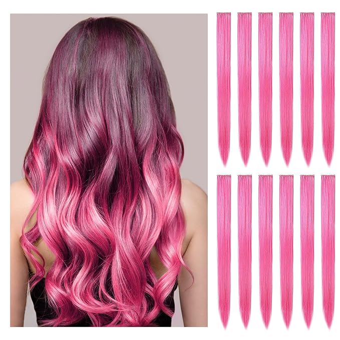 12 PCS Pink Hair Extensions Clip in, 22" Colored Highlights, Synthetic Straight Hair Piece DIY Accessories for Daily Party (PeachRed)