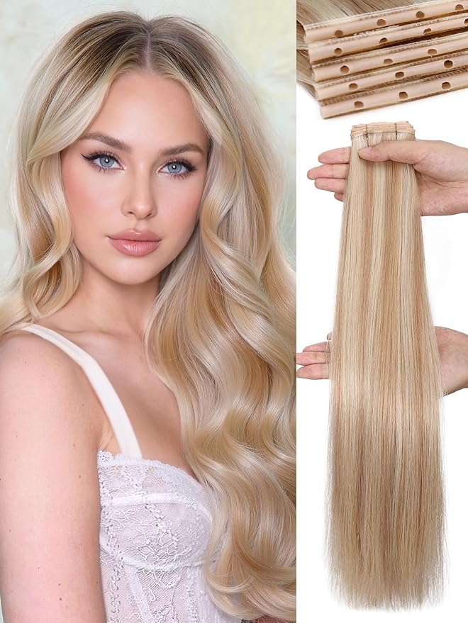 WIGNEE OVO Double Butterfly Strawberry Highlight Blonde Weft Human Hair Extensions 20 Inch Real Remy Hair,100g Glueless Micro Bead Double Weft,Seamless Soft Silky Hair Extensions (18/60A)