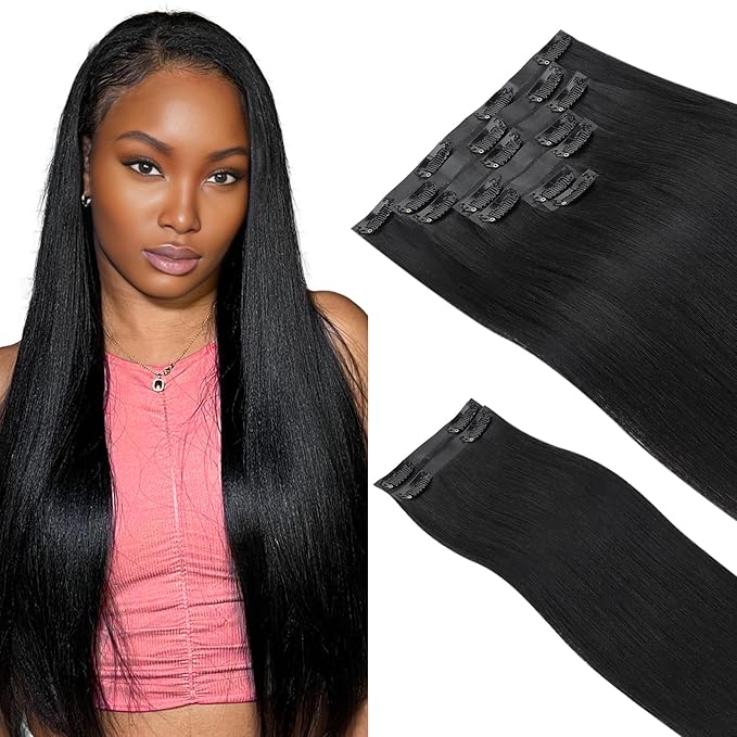 IDN BEAUTY Seamless Clip In Hair Extensions Human Hair, Yaki Straight 18 Inch 130g 9pcs Natural Black Remy Virgin Human Hair Seamless Clip Ins For Black Women PU Weft Invisible Edge