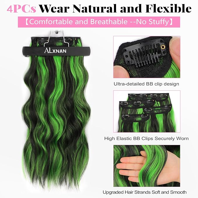 ALXNAN Clip in Long Wavy Synthetic Hair Extension 24 Inch Black Mix Green Highlights 4PCS Thick Hairpieces Fiber Double Weft Hair for Women