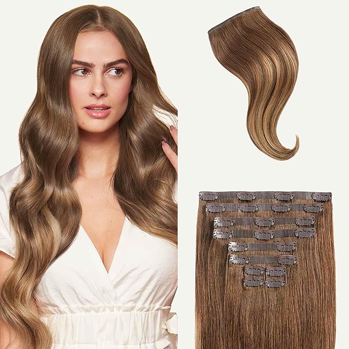 Luxy 100% Remy Human Hair - Seamless Clip-In Hair Extensions - Multi-Dimensional Color for Natural Blending, Adds Volume & Length 50 grams 12" Chestnut Brown Balayage