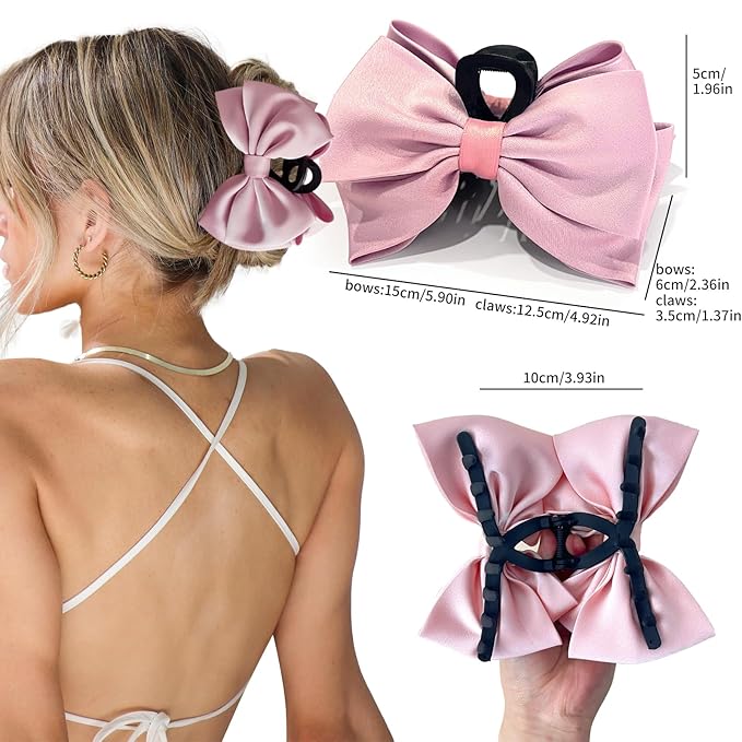 Bow Claw Clip,StrongHold Cute Bow Hair Claw Clips for Women Girls,Nonslip Silky Big Hair Bows Ribbons for Hair Claws,Large Claw Clips for Thick/Thin Hair Styling Accessories Gifts (pink,black)