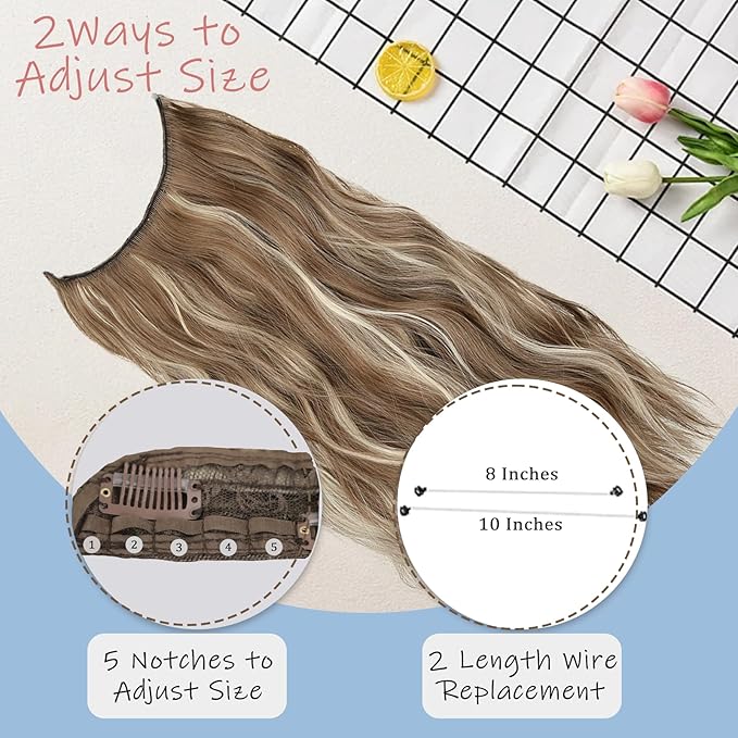 Brown Mixed Blonde Invisible Wire Hair Extensions Long Wavy Synthetic Hairpiece with 4 Secure Clips for Women 20 Inch Clip in Hair Extensions