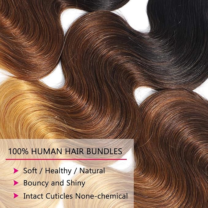 1b/4/27 Color Bundles Ombre Brazilian Human Hair Body Wave 3 Bundle (16 18 20 Inch) 100% Unprocessed Virgin Human Hair Extensions for Women