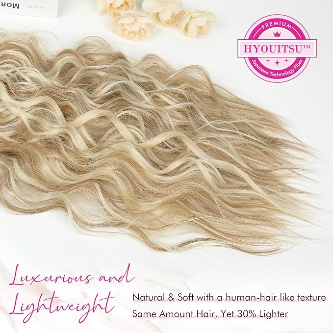 REECHO Clip in Hair Extensions, 4PCS Hair Extensions 24" Thick Long Beach Waves hair extensions HE003 Invisible Lace Weft Natural Soft Hairpieces for Women (Honey Blonde with Highlights)