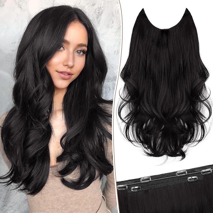 KooKaStyle Invisible Wire Hair Extensions with Transparent Wire Adjustable Size 6 Secure Clips Long Wavy Layered Synthetic Hair Extensions Natural Black 16 Inch