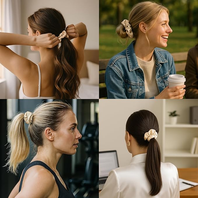 100% Mulberry Silk Scrunchies for Women and Girls,Pure Silk Hair Tie,No-Crease Ponytail Holder,Soft & Gentle on Hair,Elastic Band for All Hair Types,1 Pack,Champagne