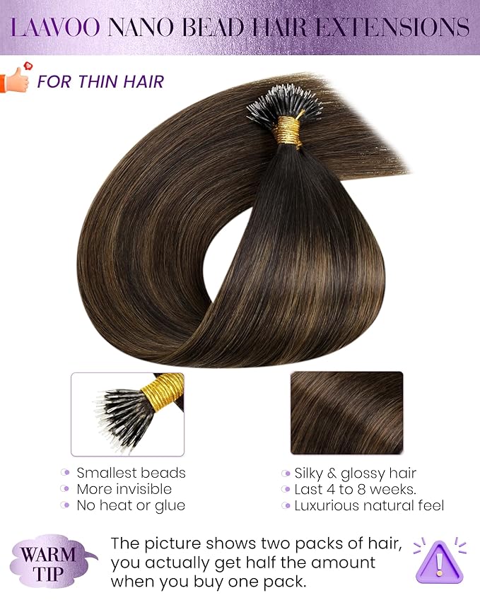 LaaVoo Nano Bead Hair Extensions Dark Brown Mixed Medium Brown BalayageNano Ring Hair Extensions Human Hair 20in 50g 50s