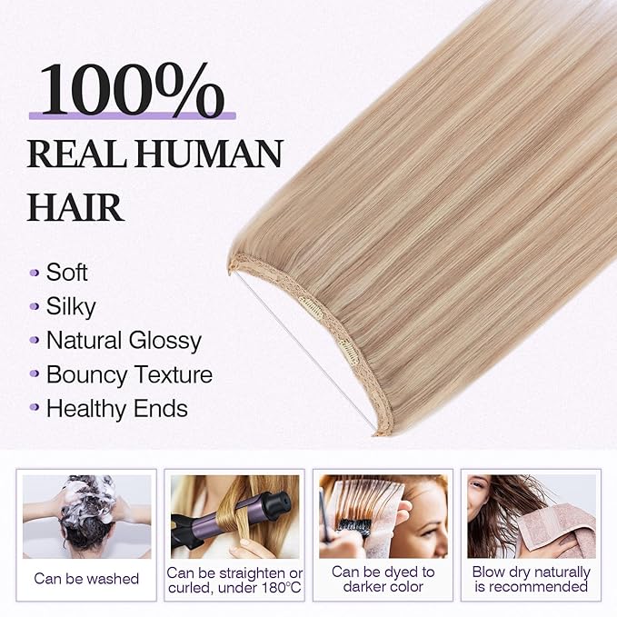 Halo Hair Extensions Real Human Hair,Halo Hair Extension 100% Human Hair, Wire Hair Extensions,Straight Champagne Blonde Balayage 12inch/55g