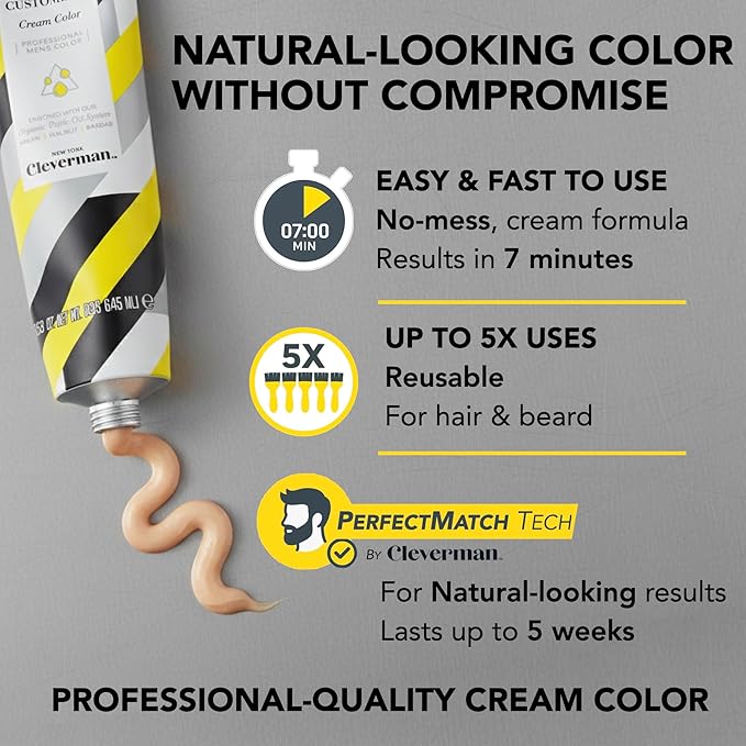 Cleverman Hair & Beard Dye Kit for Men, All-in-One Reusable Mens Hair Color, Natural Gray Coverage, Ammonia-Free Beard Mustache Dye for Men (Black for Black Men, 2 Ounce (Pack of 1))