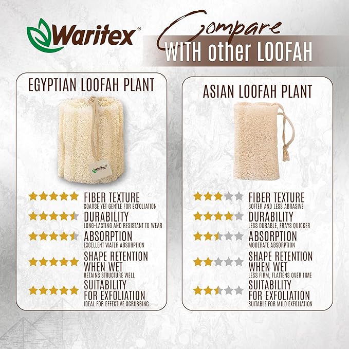 Waritex Premium Natural Egyptian Loofah Sponges, Made from 100% Natural Organic Material, Gentle Skin Exfoliation, and Full-Body Spa Experience – Eco-Friendly Loofah 3 Count (1 Pack)