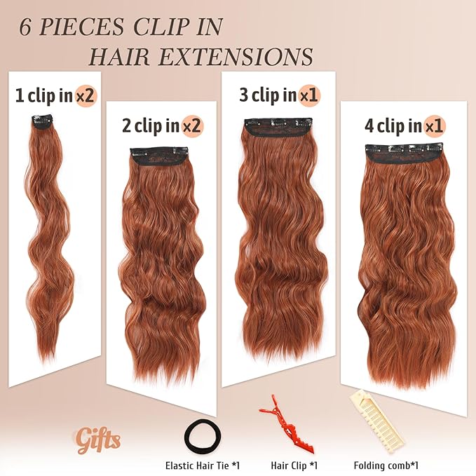 NAYOO Clip in Hair Extensions for Women 20 Inch Long Wavy Curly Copper Red Hairpieces Full Head Synthetic Hair Hairpieces(6PCS,Copper Red)