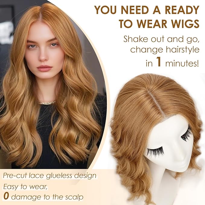 AISI HAIR Light Brown Wig for Women Medium Length Wave Curly Glueless Synthetic Heat Resistant Hair Wigs for Daily Party Cosplay