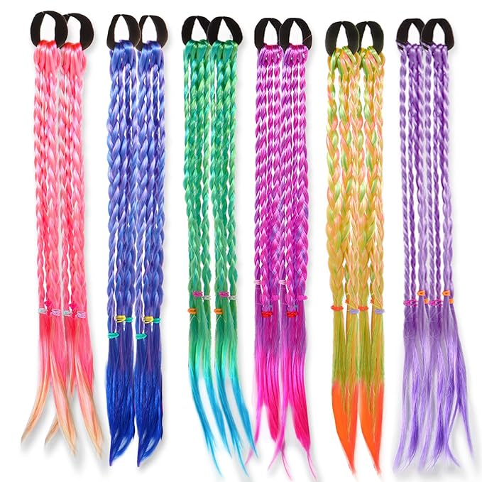 17 Inch Girls Rubber Bands Hair Extensions for Kids Crazy Hair Day Accessories Colorful Wigs Colored Braids for for Women Girls Hair with Rubber Bands Braided Synthetic Hairpieces Ponytail for 12pcs