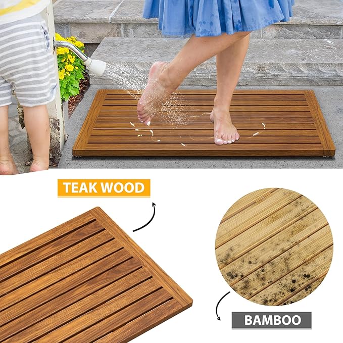 Teak Shower Mat, 32"x18" Wood Bath Mats Non-Slip Bathroom Mat Teak Bath Mats for Bathroom, Wooden Floor Bathroom Mat for Inside, Outdoor or Spa