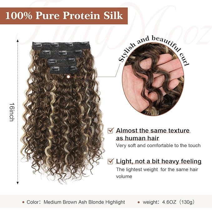Clip in Hair Extensions, FLUFYMOOZ 4PC 100％ Pure Protein Silk Hair Extensions Long Soft Natural Hairpiece 16 Inch Curly Hair Extension for Women (Medium Brown Ash Blonde Highlight)