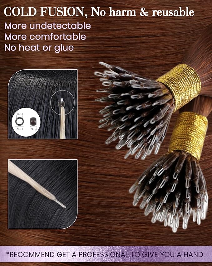 LaaVoo Nano Hair Extensions Human Hair Auburn Nano Bead Hair Extensions Real Human Hair Nano Link Extensions Auburn Brown Sikly Straight 50s 50g 16 Inch