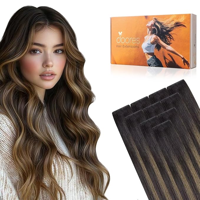 DOORES Injection Tape in Hair Extensions Human Hair Invisi Edge, Dark Brown to Chestnut Brown 10pcs Injection Tape-ins 25g 20 Inch, Human Injected Tape in Extensions Seamless