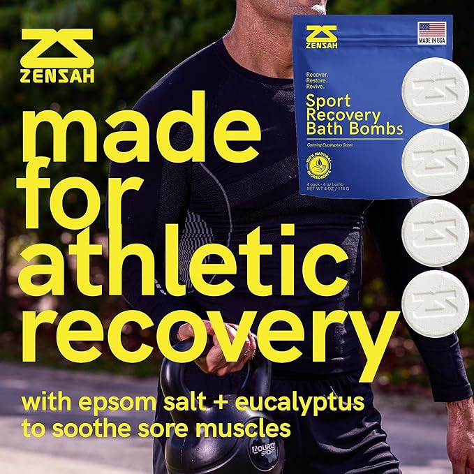 Zensah Sport Recovery Bath Bombs - Magnesium Epsom Salt for Soaking Sore Muscles, Christmas Stocking Stuffers, Made in USA with Essential Oils, Peppermint and Eucalyptus Relaxation for Athletes